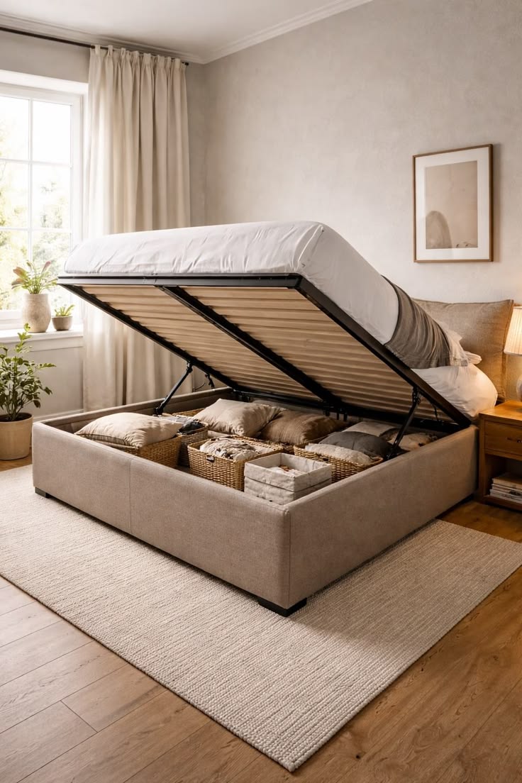 A bed with a hydraulic lift-up base revealing hidden storage underneath